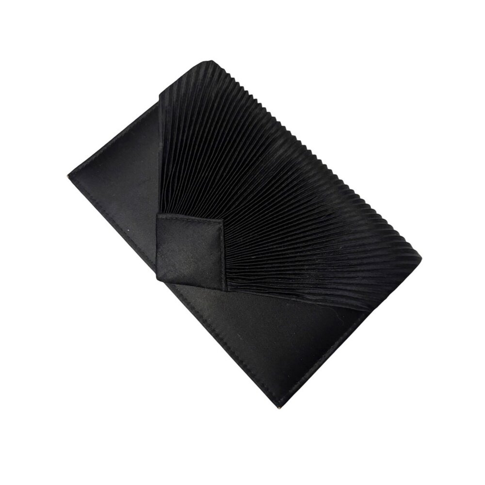 Vintage Black Satin Evening Clutch Purse With Pleated Fan Detail And Chain Strap